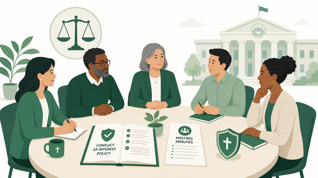 A 501(c)(3) board of directors meeting the IRS requirements: at least three directors, a majority of independent unrelated members, a conflict-of-interest policy, and written minutes.