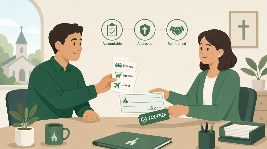A church employee submitting receipts and receiving a tax-free reimbursement under an accountable plan.