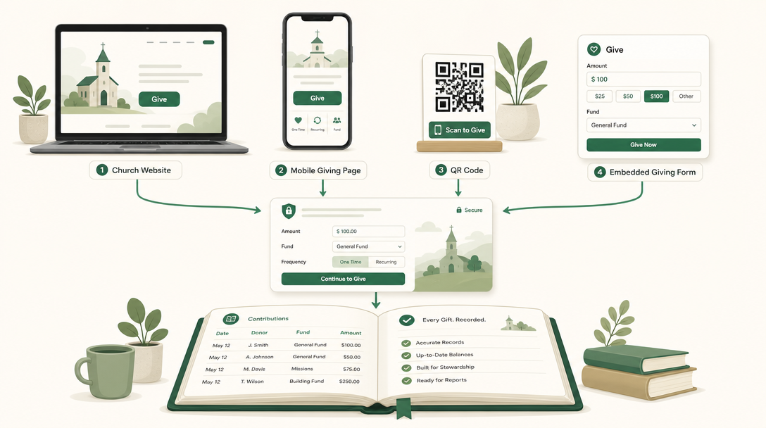 A church website with a Give button, a phone showing the giving page, a QR code, and an embedded form — the four ways to add online giving — all flowing into one secure giving page and then into the church's books.