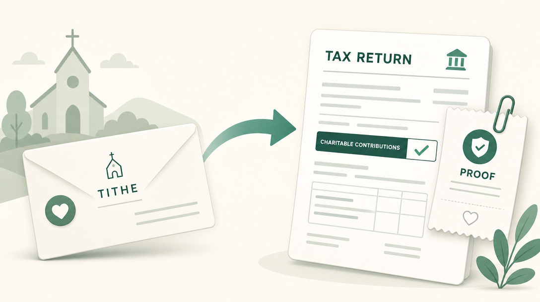 A donor's tithe to a church flowing toward a tax return, with a written receipt attached as proof.