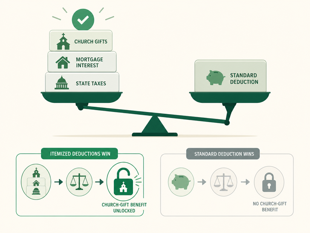 A decision split: add up itemized deductions including church gifts, compare to the standard deduction, and take the larger; church donations only reduce tax when itemizing wins.