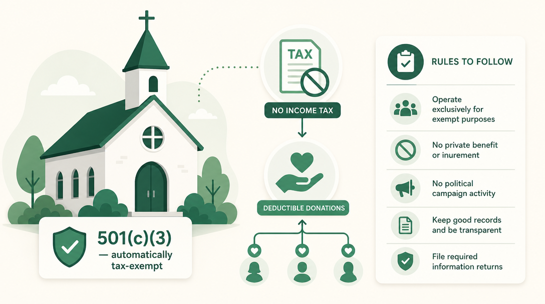 A church automatically recognized as a tax-exempt 501c3, with no income tax and deductible donations, alongside the rules it must follow.