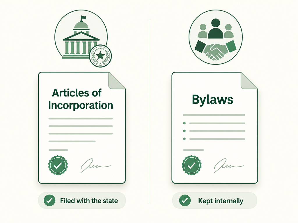 A side-by-side comparison: Articles of Incorporation are filed with the state to create the corporation, while bylaws stay internal and govern how the church runs.