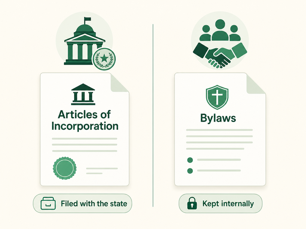 Side-by-side comparison: articles of incorporation are filed with the state to create the corporation, while bylaws stay internal and govern how the nonprofit runs.