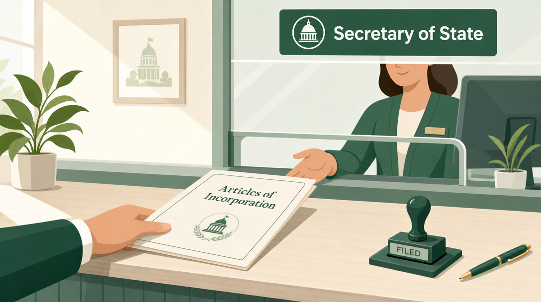 A document titled Articles of Incorporation being filed at a Secretary of State window, creating a new nonprofit corporation.