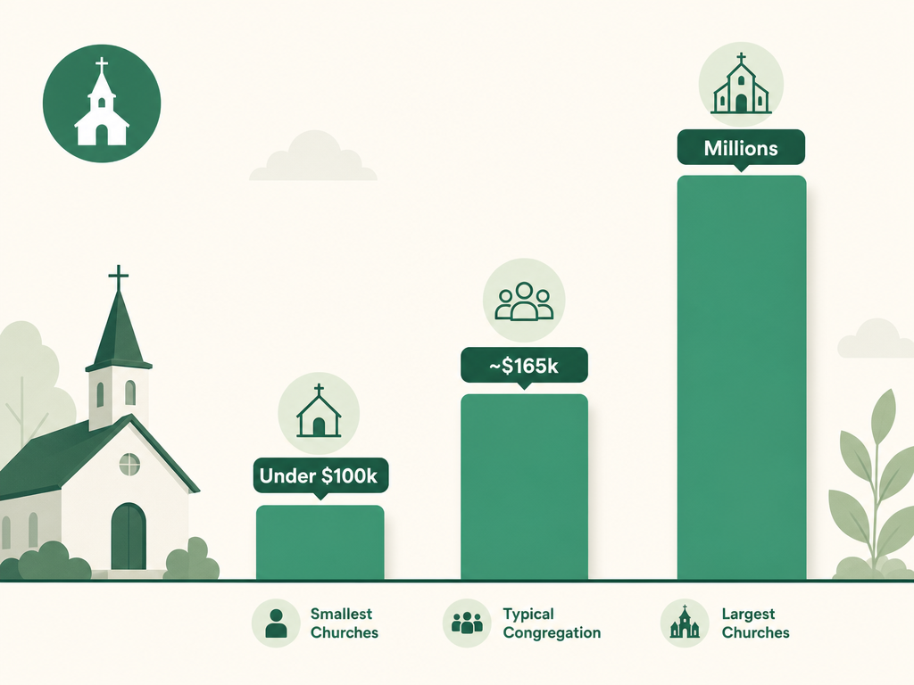 A rising bar chart of average church budgets by size, from small congregations under $100k to megachurches in the millions.