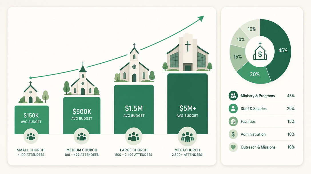 A chart of average church budgets rising with church size, from small congregations to megachurches, beside how the money is spent.