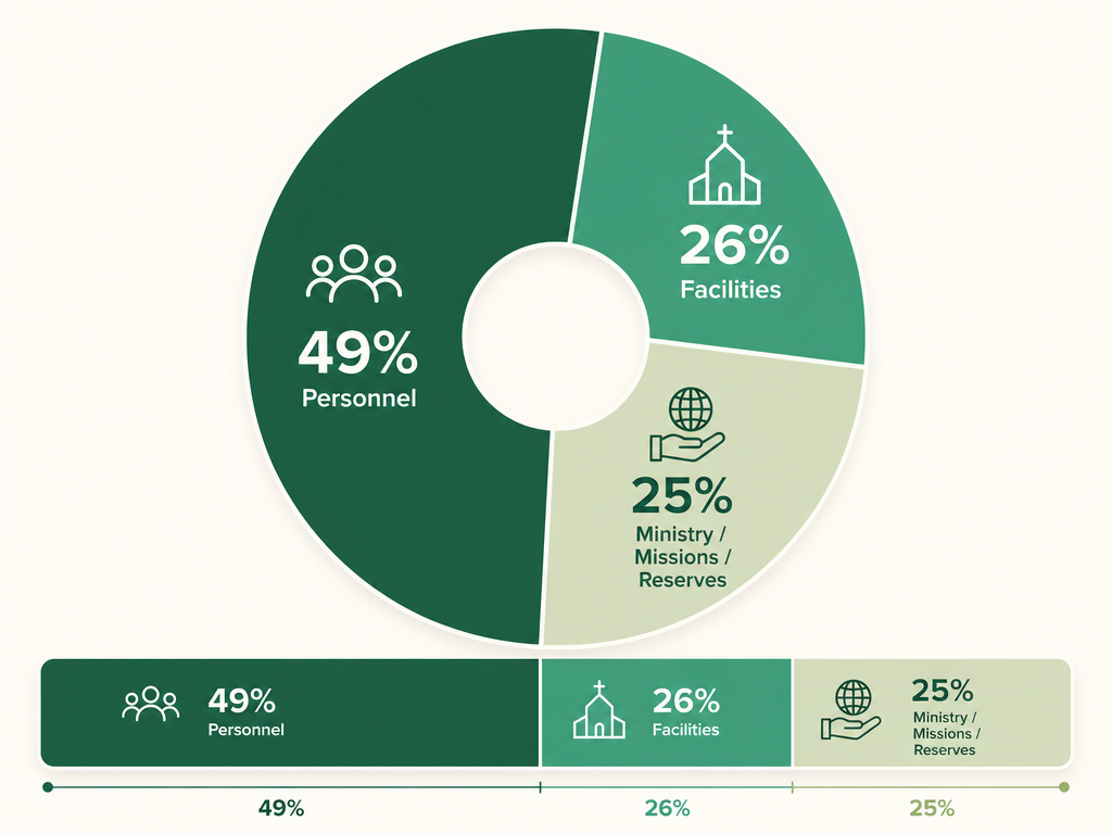 A breakdown of church spending: personnel about half, facilities about a quarter, and ministry, missions, and reserves making up the rest.