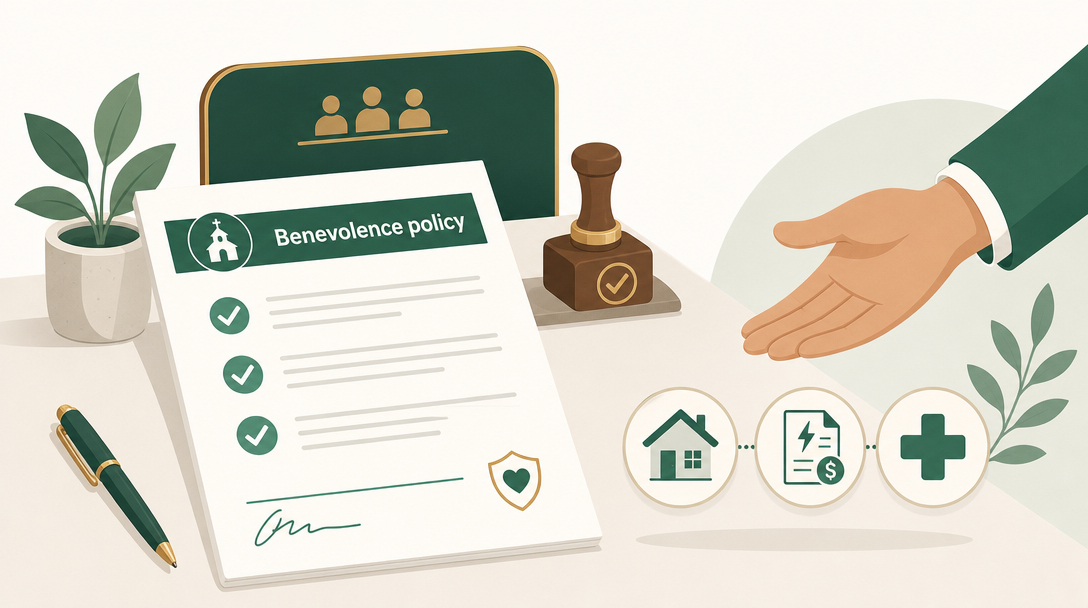 A board-adopted church benevolence policy guiding help toward rent, utilities, and medical needs, with an approval stamp behind it.
