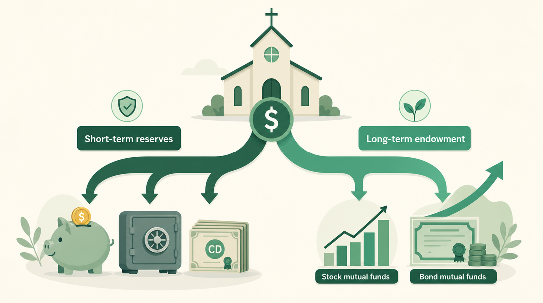 A church's money split into two streams — short-term reserves kept safe and liquid in savings and CDs, and long-term endowment money invested for growth in stocks and bonds.