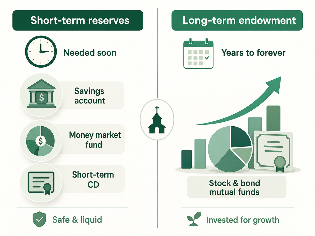 A two-column comparison: a short-term reserves column showing a savings account, money market fund, and CDs for money needed soon, versus a long-term endowment column showing a diversified mix of stock and bond mutual funds invested for growth.