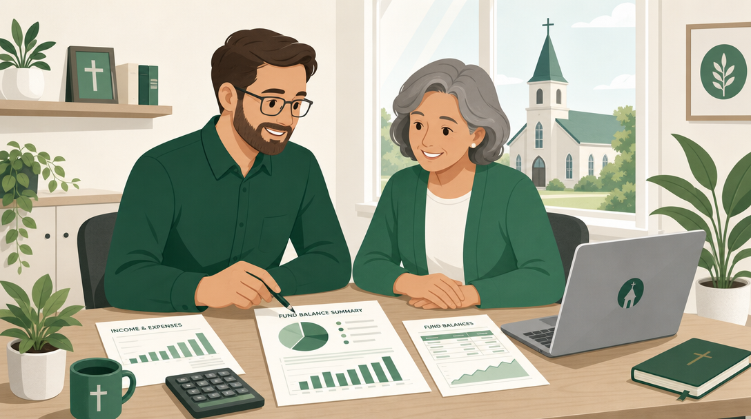 A church accountant reviewing a church's financial reports and fund balances with a treasurer at a desk, a calculator and statements between them.