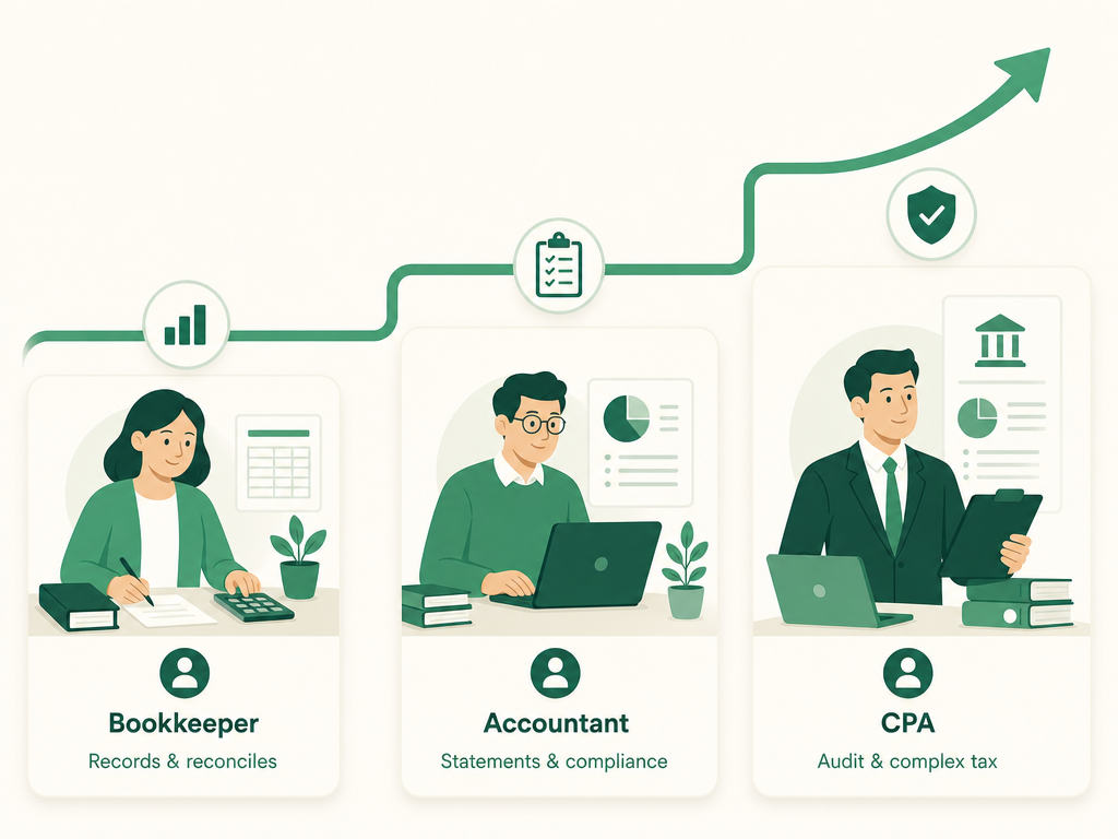 Three escalating church finance roles: a bookkeeper who records and reconciles, an accountant who builds statements and oversees compliance, and a CPA who audits and handles complex tax.