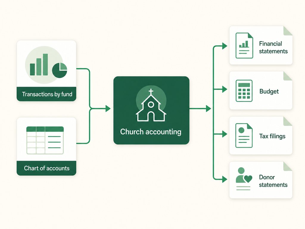 A left-to-right flow: transactions by fund and a chart of accounts feed into church accounting, which produces financial statements, a budget, tax filings, and donor statements.