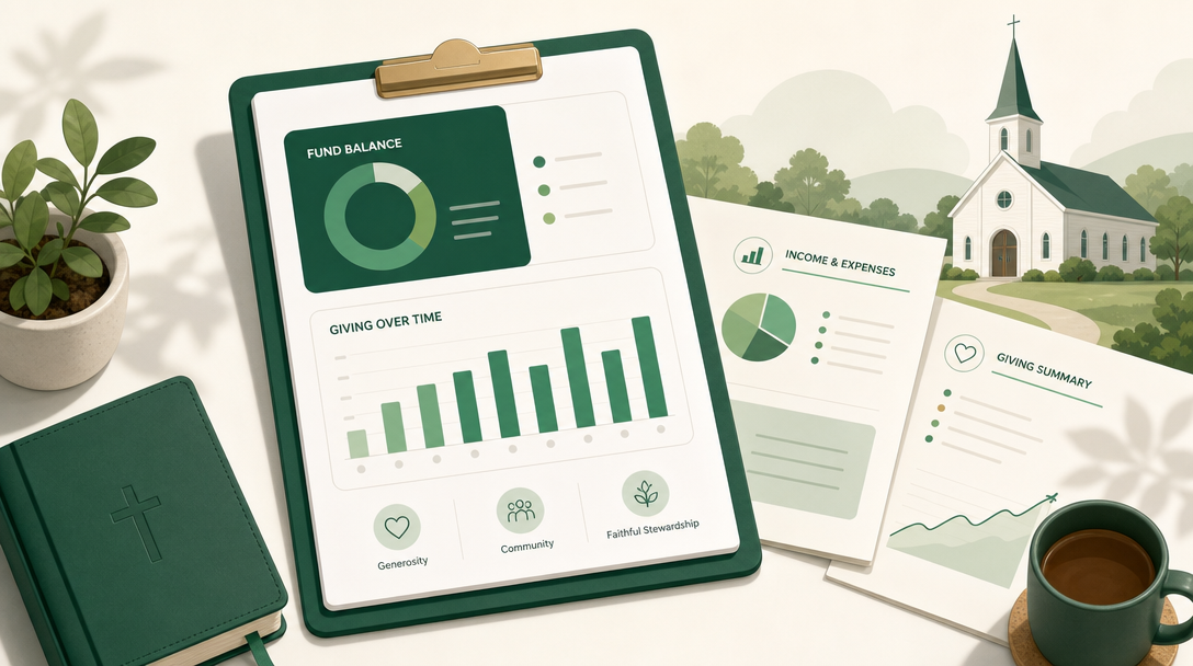 A church's financial picture on one dashboard — fund balances, a budget, and the core financial statements — beside a simple steepled church.