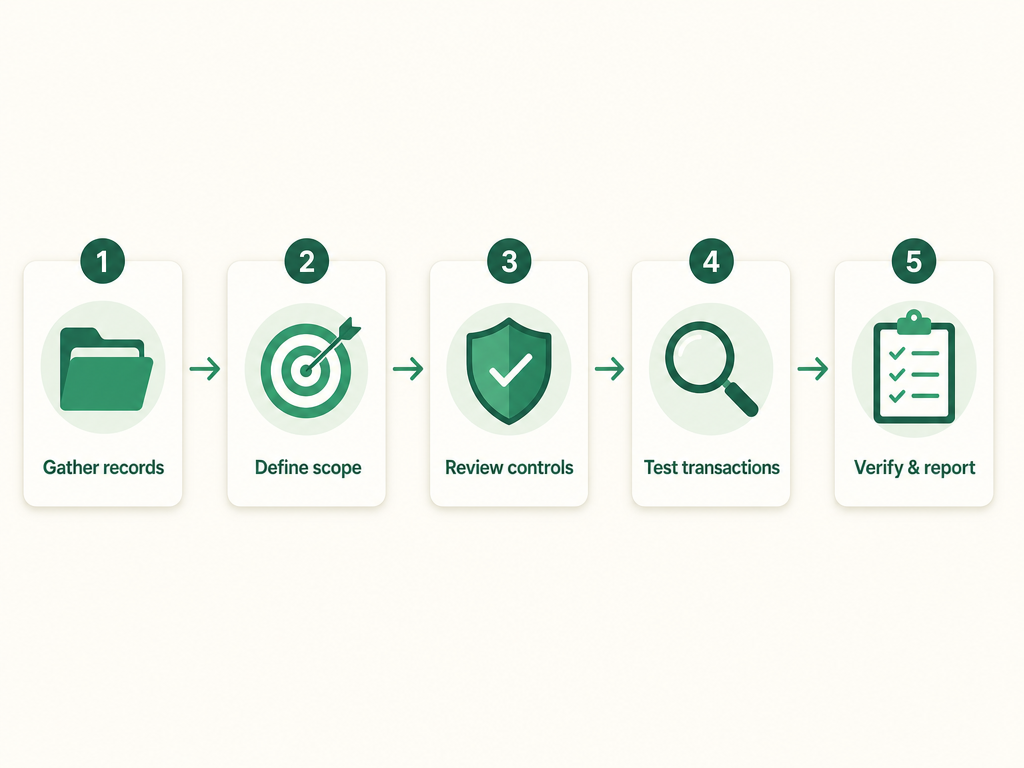 The five steps of a church audit in sequence: gather records, define scope, review internal controls, test transactions, then verify balances and report.