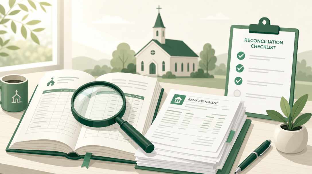 A church audit in progress — a magnifying glass over financial records and a reconciliation checklist, with a simple church in the background.
