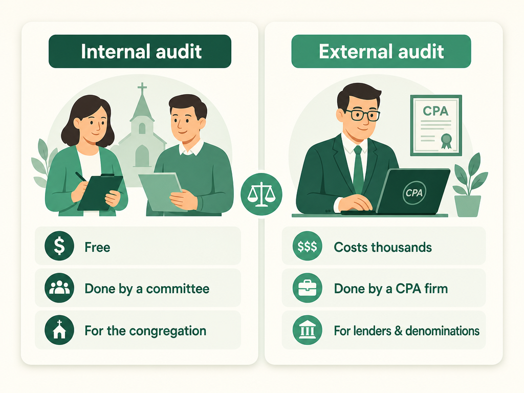 A comparison: an internal church audit done by a volunteer committee for free for congregation accountability, versus an external audit by a CPA firm that costs thousands and carries weight with lenders and denominations.