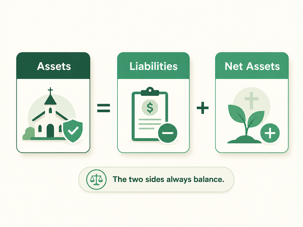 The balance sheet equation for a church: assets equal liabilities plus net assets, with the two sides always balancing.