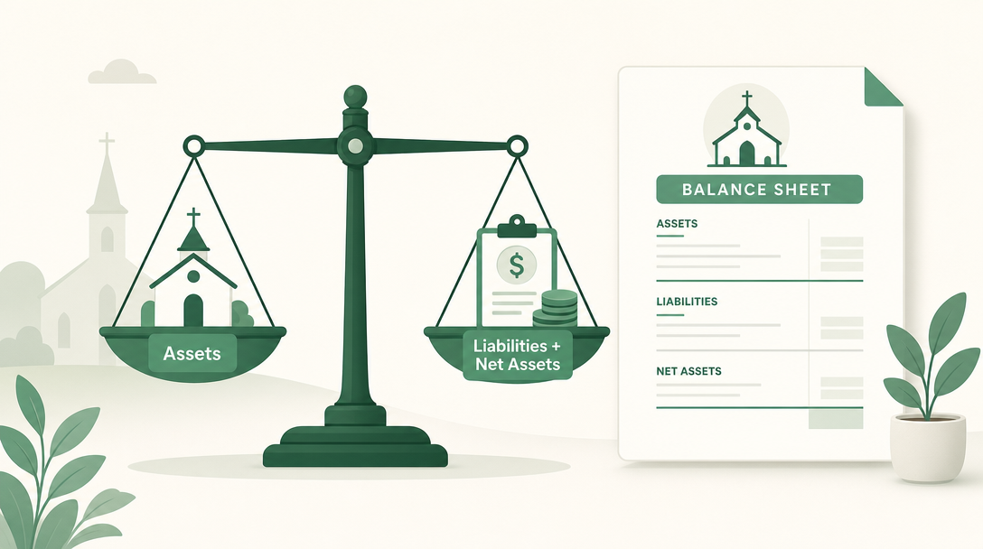 A church balance sheet showing assets on one side balancing against liabilities and net assets on the other.