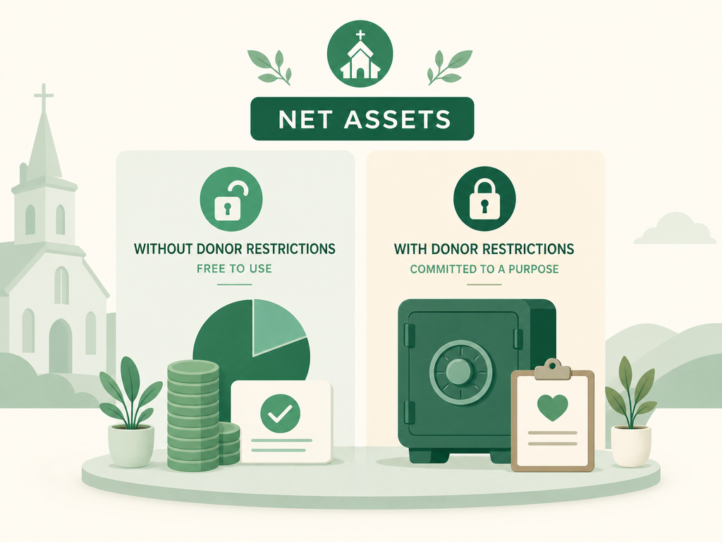Net assets split into two columns: without donor restrictions, free for general use, and with donor restrictions, committed to a donor's stated purpose.