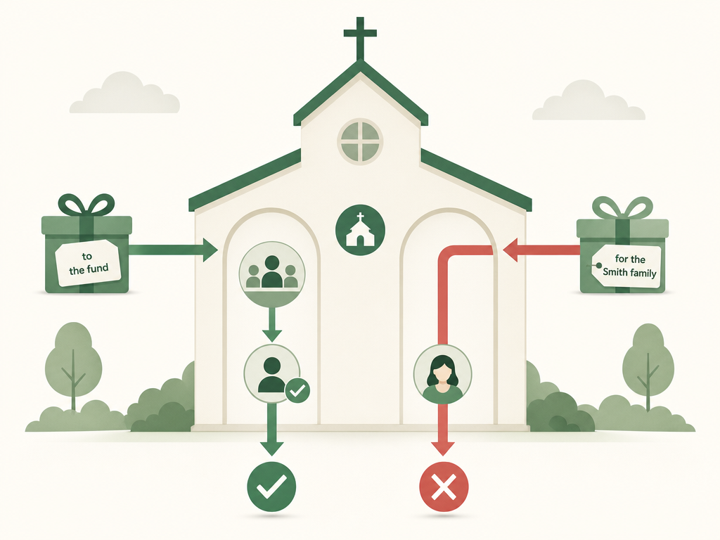 Two paths: a gift to the general benevolence fund where the church chooses the recipient is deductible; a gift earmarked for a named family passing through the church is not deductible.