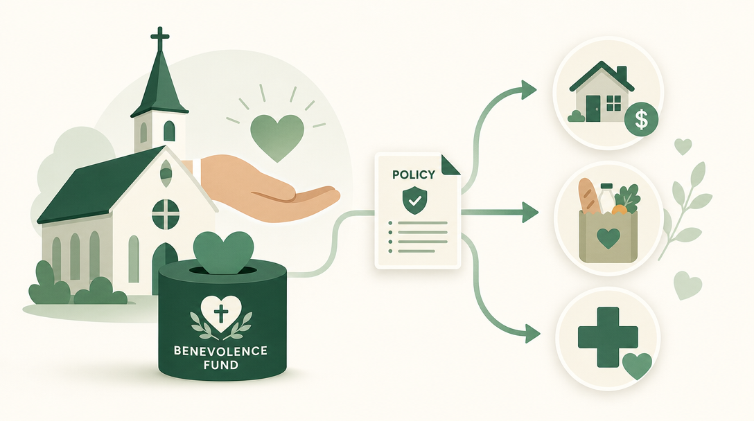 A church benevolence fund directing help toward people in need for rent, food, and medical bills, guided by a written policy.