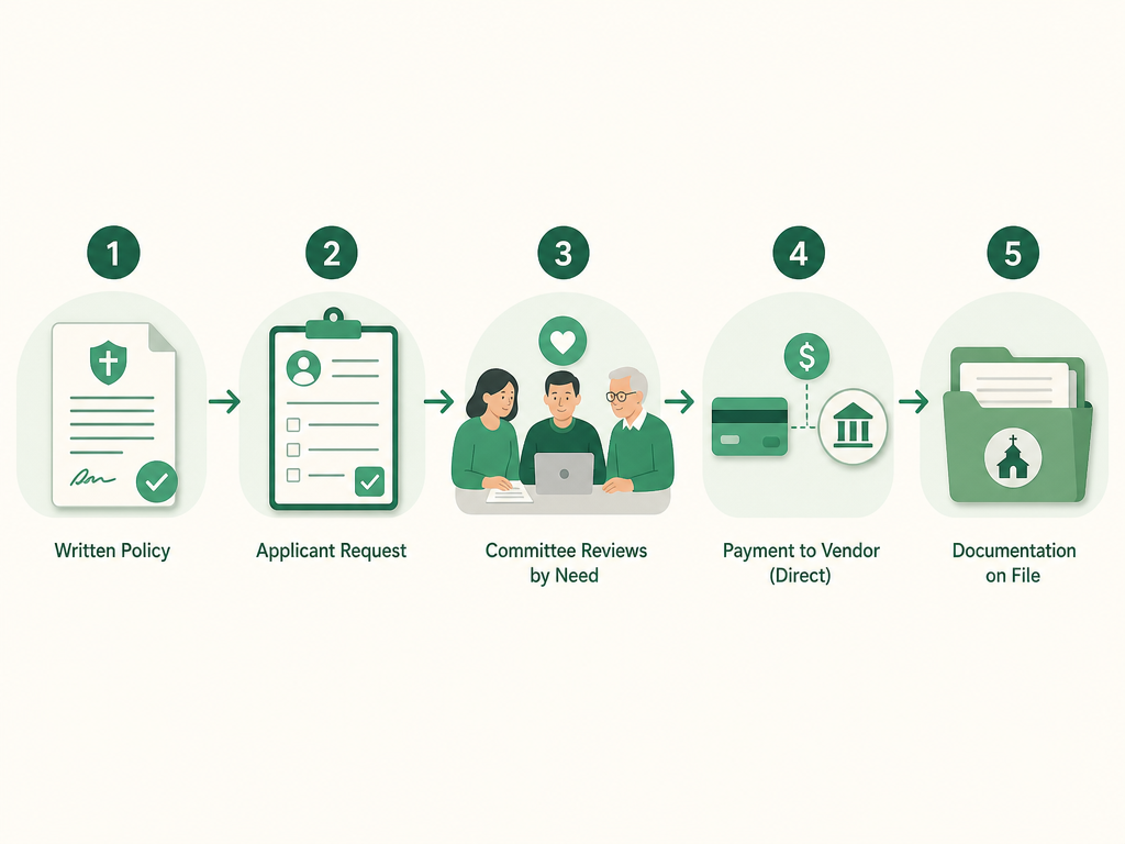 Benevolence process: written policy, applicant request, committee review by need, payment to the vendor directly, and documentation kept on file.