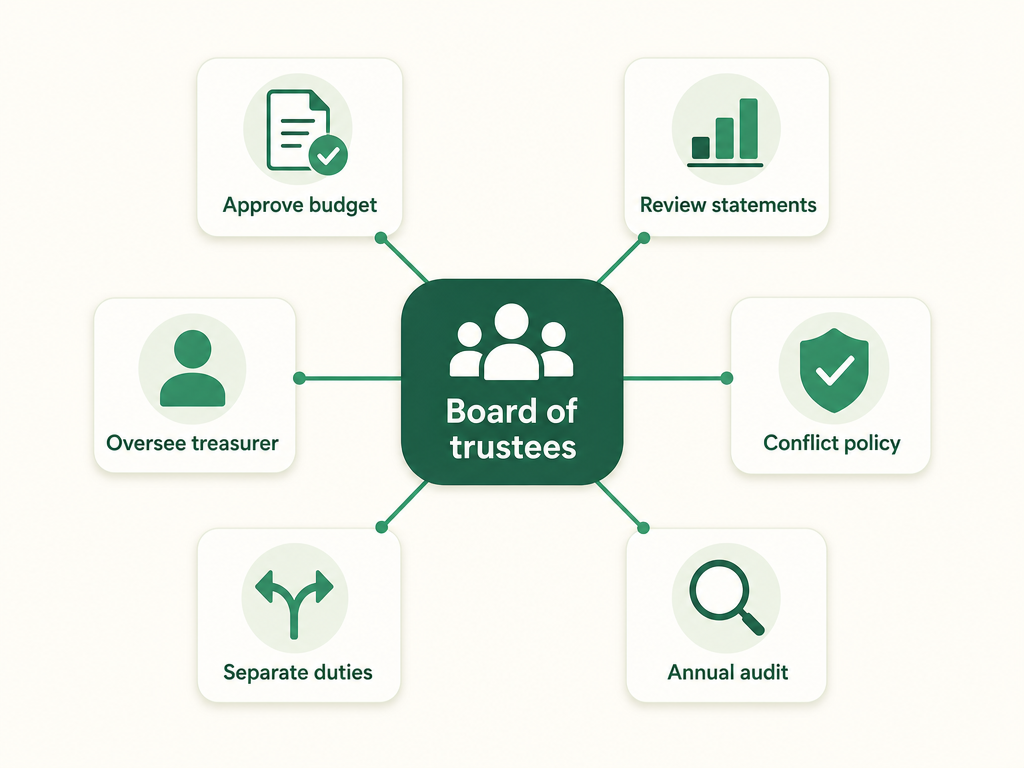 The church board's financial oversight responsibilities arranged around the board: approve the annual budget, review monthly financial statements, oversee the treasurer, enforce a conflict-of-interest policy, require segregation of duties, and commission an annual review or audit.
