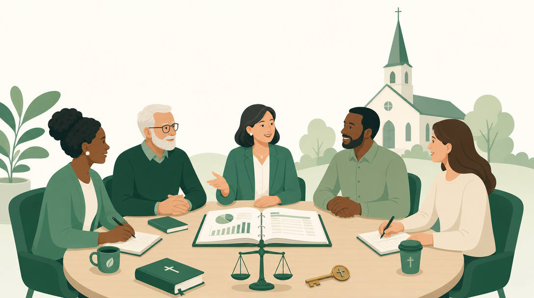 A church board of trustees seated around a table reviewing a budget and financial statements, with a simple church building behind them.