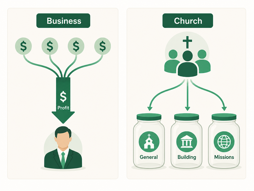 A side-by-side comparison: a business funnels all money to one profit line for its owners, while a church splits money into purpose funds it is accountable to donors for.