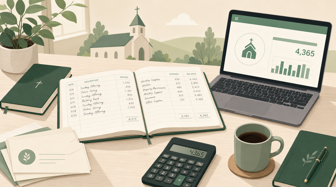 A church treasurer's desk — an open ledger and laptop with neat columns beside a stack of offering envelopes, with a small church in the background.