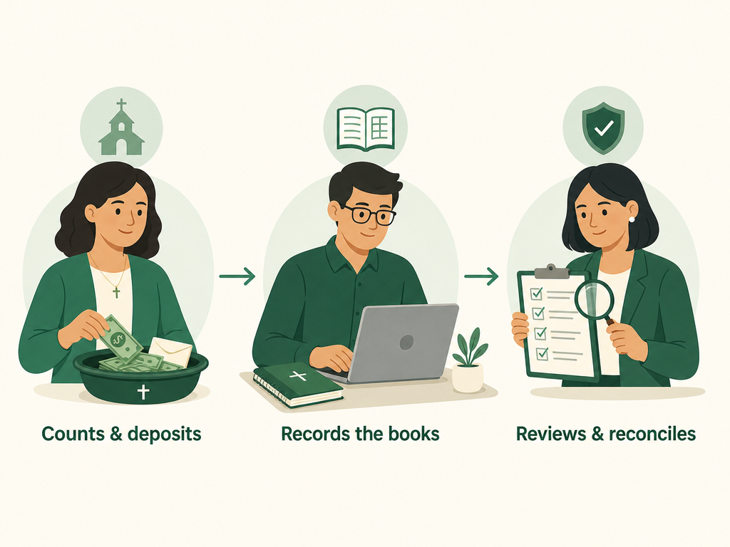 Three different people each hold one job — one counts and deposits, one records the books, one reviews and reconciles — so no single person controls a whole transaction.