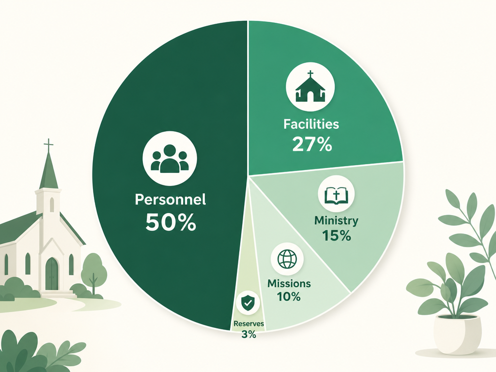 A church budget split into slices: personnel about half, facilities a quarter, ministry and programs, missions, and a small reserve.