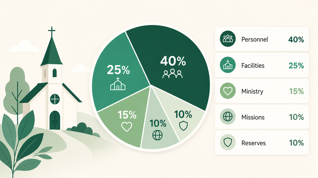 A church budget divided into percentage slices for personnel, facilities, ministry, missions, and reserves.