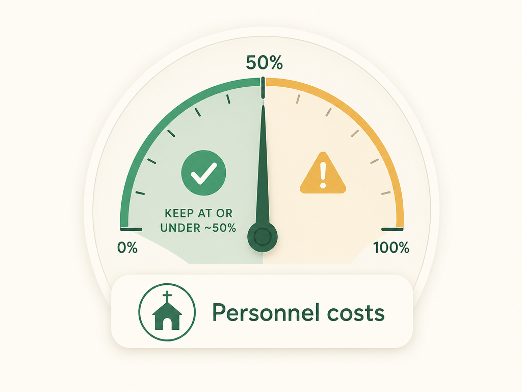 A gauge showing church personnel costs ideally staying at or under about 50% of the total budget.