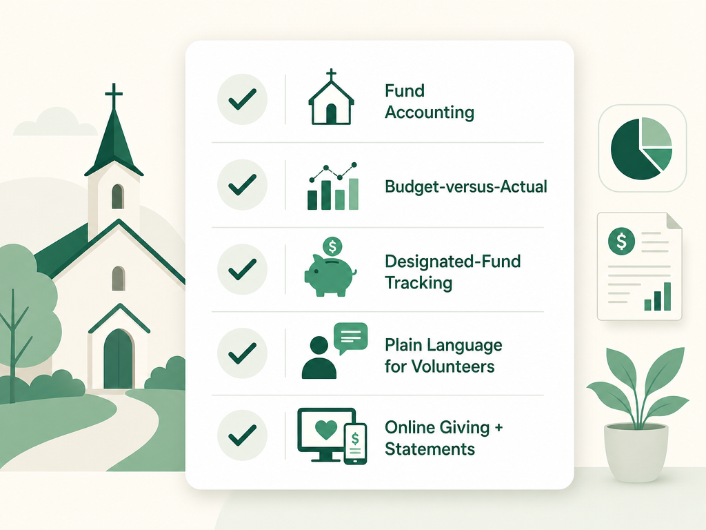 A checklist for church budget software: fund accounting, budget-versus-actual reporting, designated-fund tracking, plain language for volunteers, and online giving.