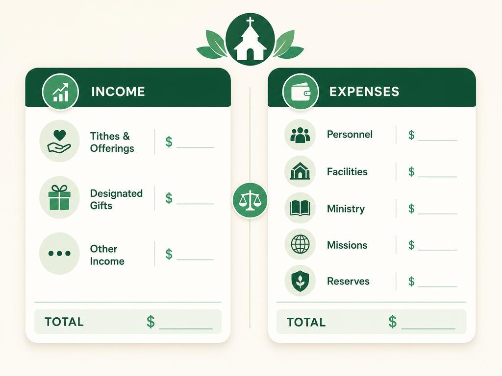 A church budget's two sides: income (tithes and offerings, designated gifts, other income) and expenses (personnel, facilities, ministry programs, missions, reserves).