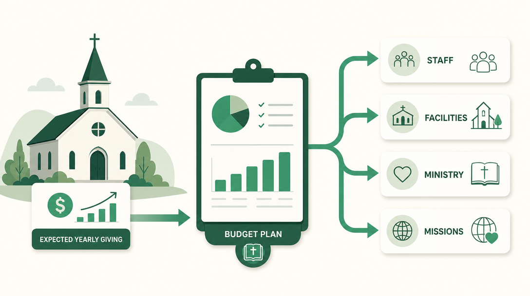 A church budget plan splitting expected giving into ministry, staff, facilities, and missions for the year.