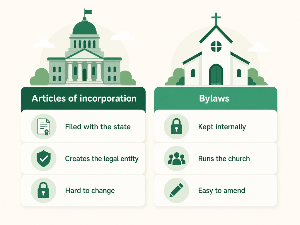 Articles of incorporation are filed with the state, create the legal entity, and are hard to change; bylaws are kept internally, run the church day to day, and are easier to amend.