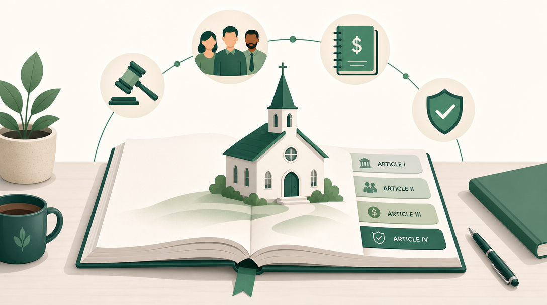 An open church rulebook with tabbed articles and a small church on the page, surrounded by icons for governance, leadership, finances, and tax compliance.