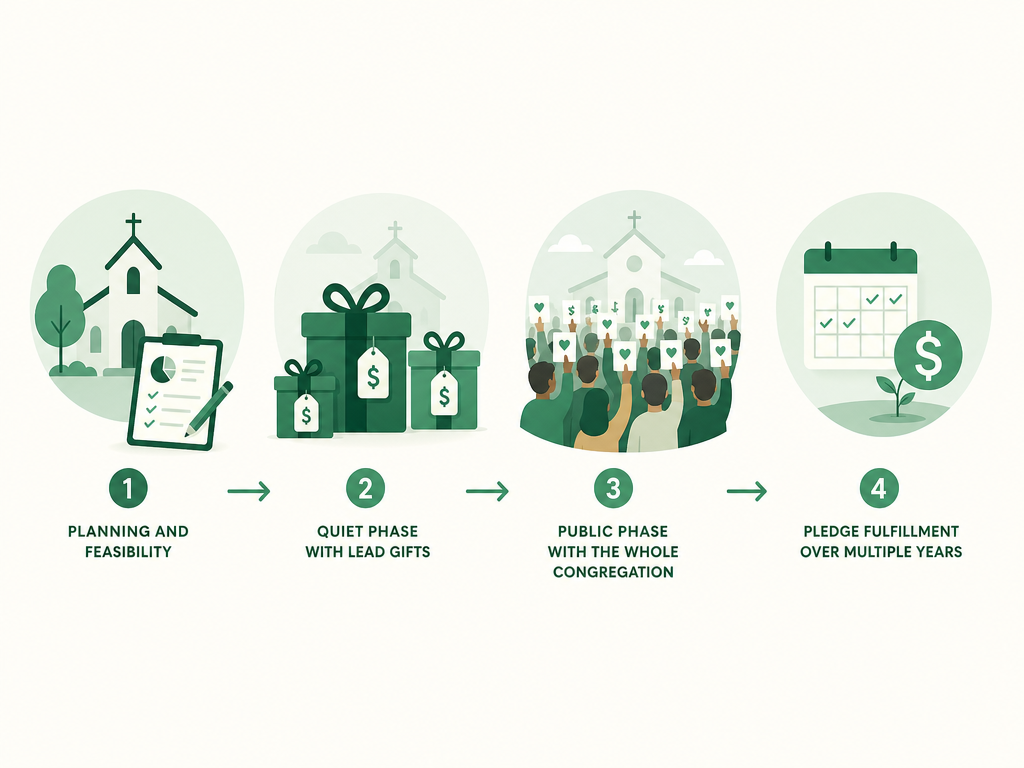 A four-stage flow of a church capital campaign: planning and feasibility, quiet phase with lead gifts, public phase, then multi-year pledge fulfillment.