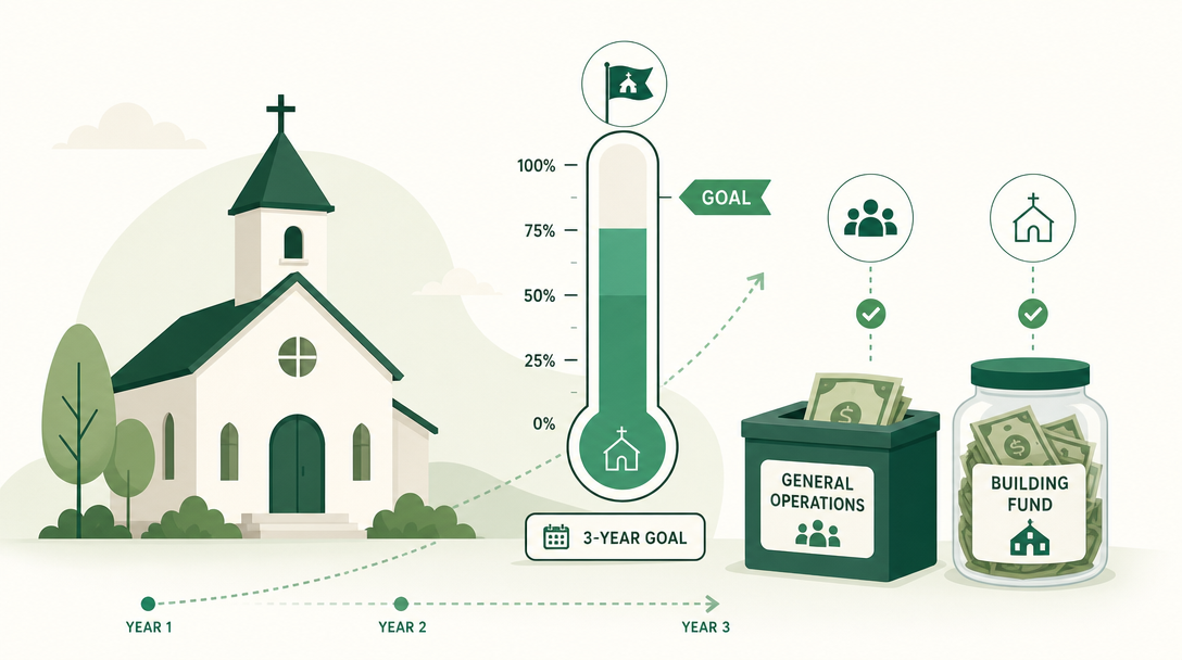 A church beside a rising campaign progress gauge, with building-fund money kept in its own separate box apart from general operations.