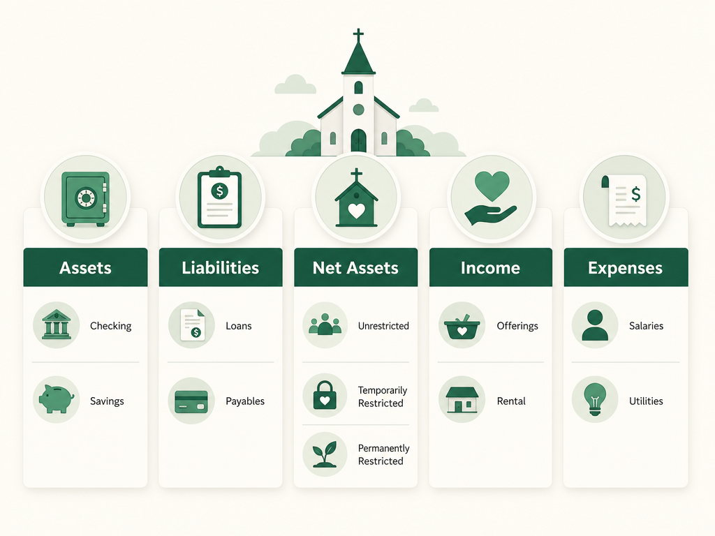 The five church account types — assets, liabilities, net assets, income, and expenses — each with example accounts underneath.