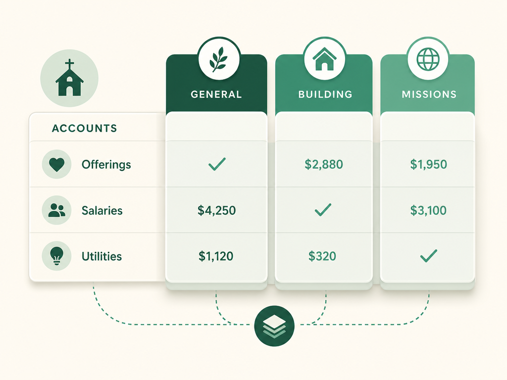 A grid with funds as columns (general, building, missions) and accounts as rows (offerings, salaries, utilities), showing funds are a separate dimension layered over one account list.
