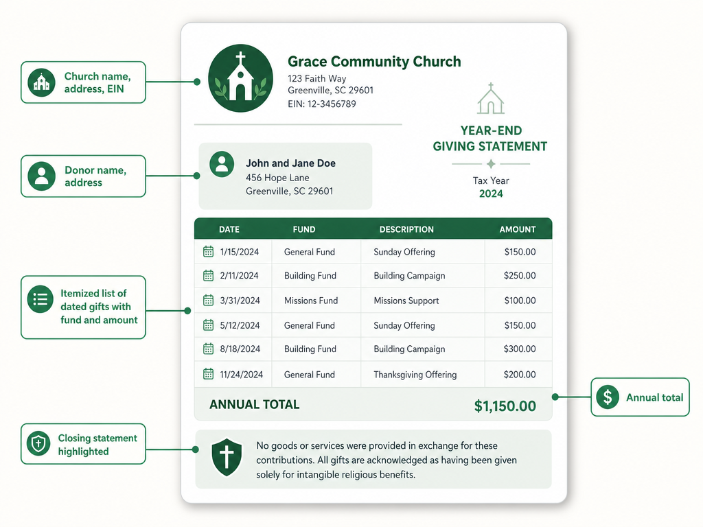 Anatomy of a contribution statement: church name, address and EIN, donor name and address, each gift dated with fund and amount, the annual total, and the no-goods-or-services line.