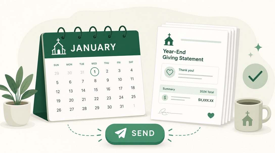 A January calendar beside a stack of year-end donor giving statements with a single send button.