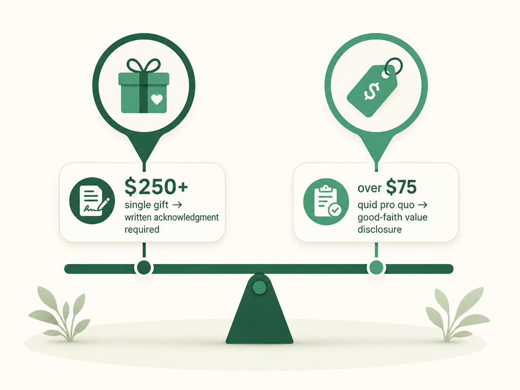 Two IRS thresholds: a single gift of $250 or more needs a contemporaneous written acknowledgment; a quid-pro-quo gift over $75 needs a good-faith value disclosure.