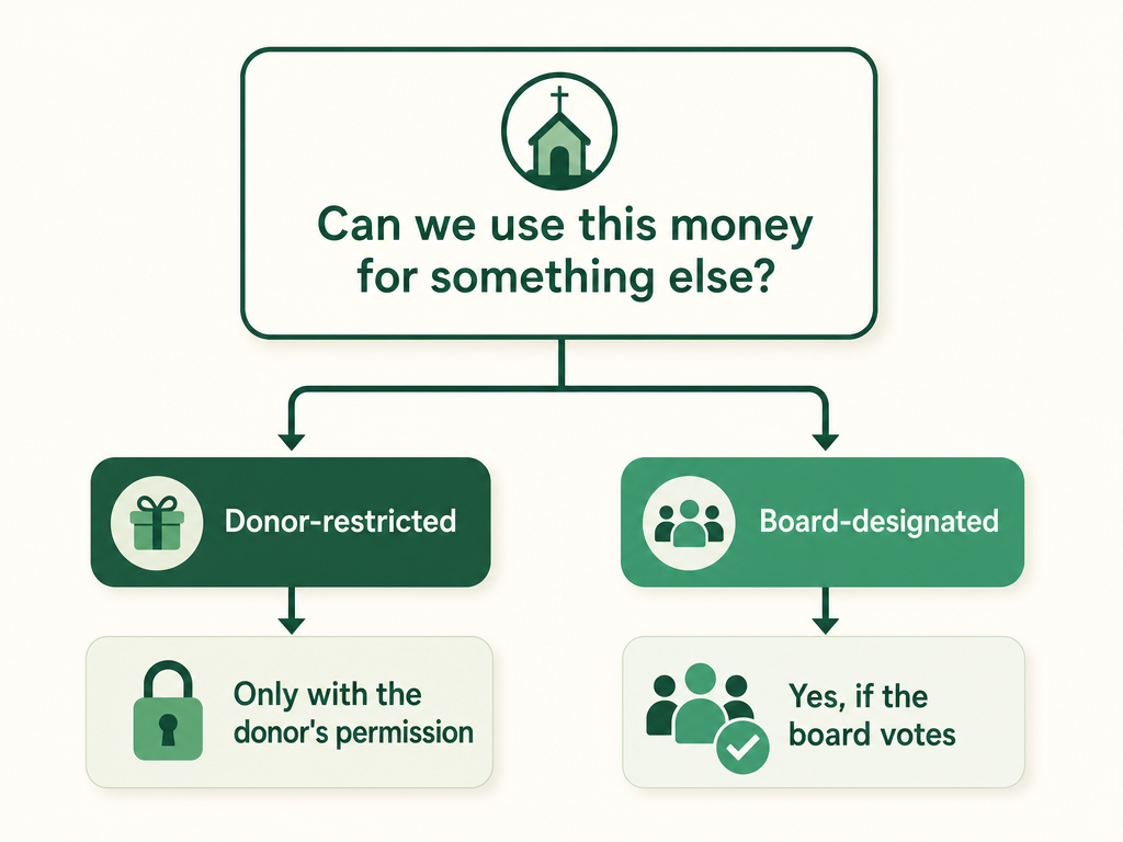 A decision flowchart: if a fund is donor-restricted you need the donor's permission to redirect it; if it is board-designated the board can vote to re-designate it.