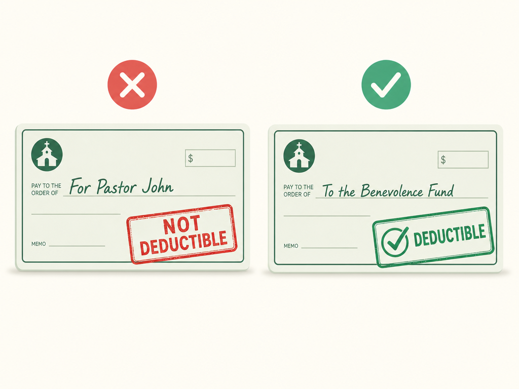 Two checks: one written for a specific person marked not tax-deductible, and one given to the church's benevolence fund marked tax-deductible.